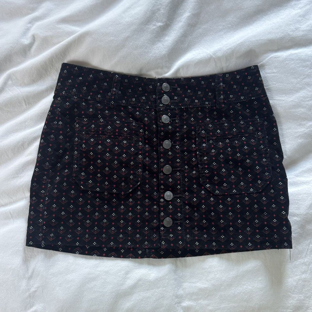Free People We the Free Joanie Black Printed Corduroy Pocket Mini Skirt sz 26R